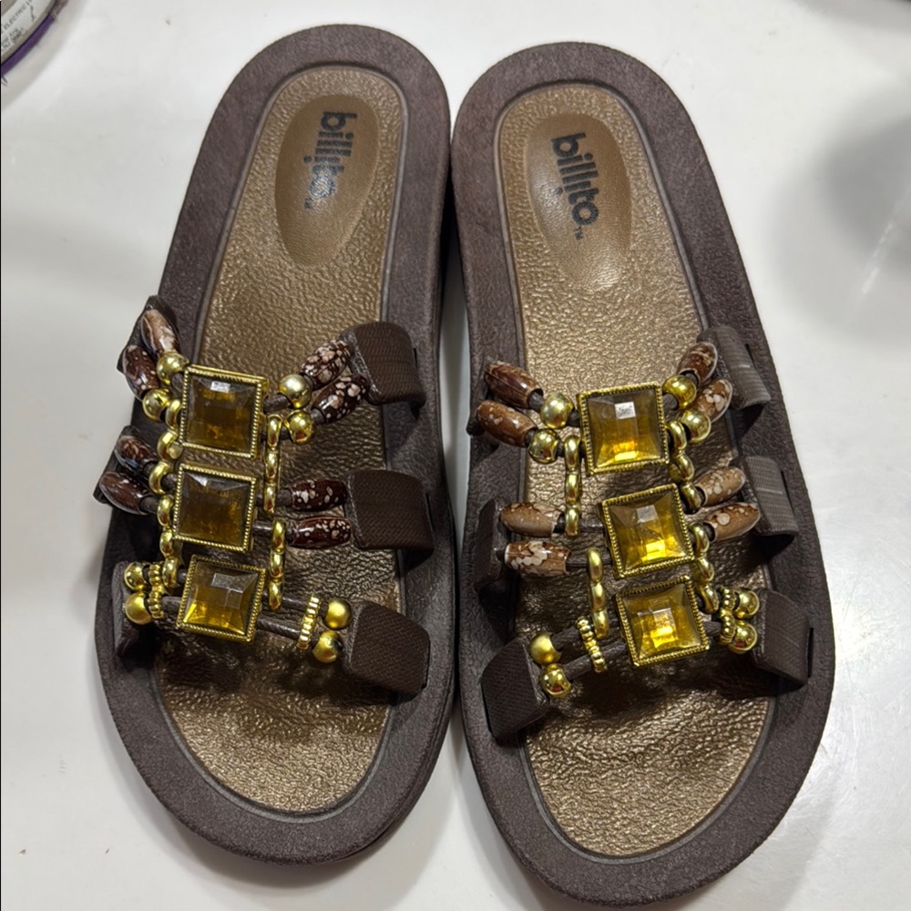 Brown and Gold Slide Sandals with Gemstone Accents